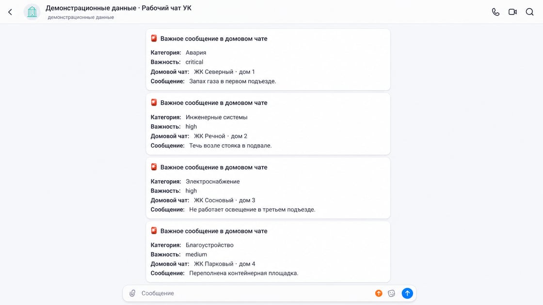 Демонстрационный макет рабочего чата команды УК с четырьмя карточками важных сообщений